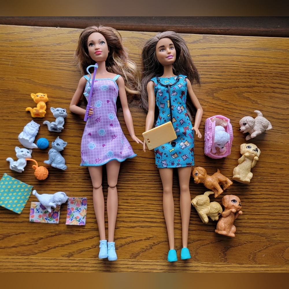 Brunette BARBIE dolls With Dogs And Cats